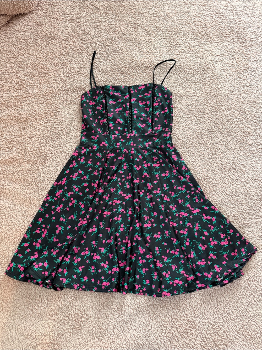 Black Floral Spaghetti Strap Fit-and-Flare Dress